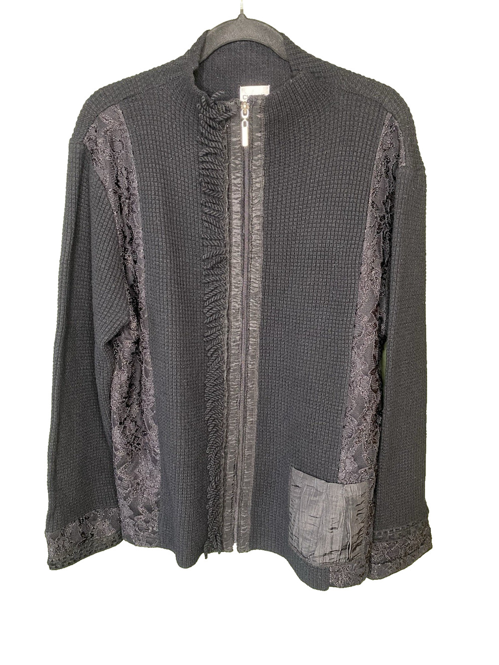 Chicos Sweater Womens XL Black Wool Mixed Media Twee Office Work Zip Up Jacket